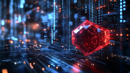 Ruby stone on a microchip representing the fusion of technology and elegance in web development with a minimalistic bright tone modern blurred background and empty caption space on the side

