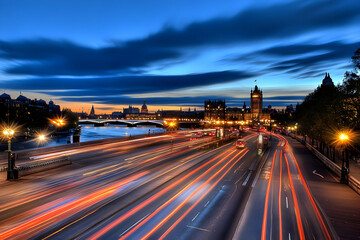 Wall Mural - Cityscape at Dusk: Illuminated Buildings and Light Trails Across the Bridge at Nightfall