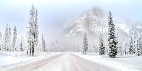 Canvas Print - Snowy Road Winds Through a Frosty Forest Towards a Misty Mountain Peak on a Winter Day.