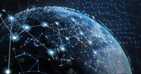 Wall Mural - image of globes with light spots and network of connections on black background
