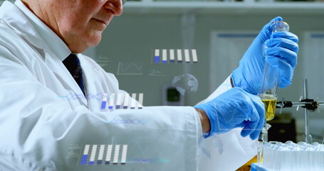 Canvas Print - image of scientific data processing over caucasian male scientist in laboratory