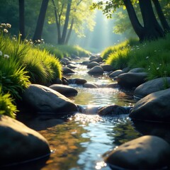 Sparkling brook babbles over smooth stones in a secluded glade, misty atmosphere, sunlit clearing, grasses