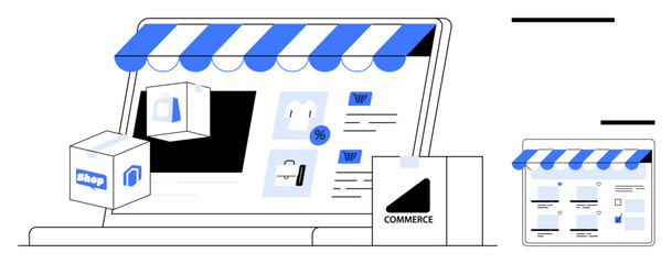 Online store interface on a laptop screen. Shopping bags, packages, and storefront tablet. Ideal for e-commerce, digital shopping, online business, retail management, sales growth web development