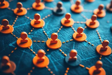 Wall Mural - network connections of orange figures on a blue background representing digital communication and so