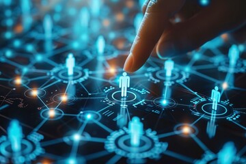 Wall Mural - human connection in digital space with finger pointing at network of silhouetted people and circles 