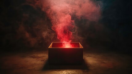 Wall Mural - opened mystery box with red smoke floating up on dark background , mystery, box, red, smoke, floatin