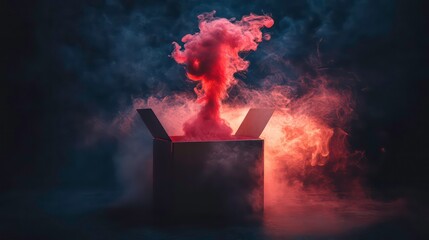 Wall Mural - opened mystery box with red smoke floating up on dark background , mystery, box, red, smoke, floatin