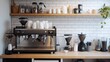 © pinporn manosri - A clean coffee bar station featuring a coffee machine, grinder, and an organized layout with copy space.