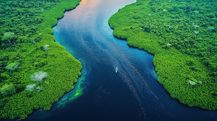 Canvas Print - Breathtaking Aerial View of Serpentine River Amidst Lush Green Rainforest, Vibrant Nature and Calm Waters at Sunrise, Perfect for Eco Tours and Environmental Inspiration