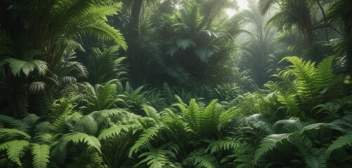 Wall Mural - Dense foliage of ferns and leafy greens in a lush tropical setting, tropical, forest, green