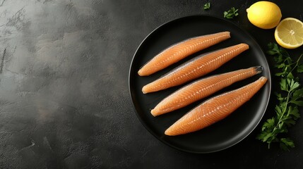 Wall Mural - A fresh set of raw fish fillets, arranged symmetrically on a black plate, with ample space for design input.