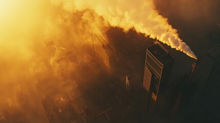 Wall Mural - Aerial view of skyscrapers emitting smoke into a golden sunset sky, showcasing urban pollution