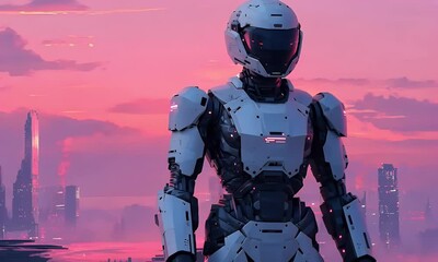 Fototapete - Futuristic robot sunset city background artwork