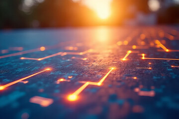 Wall Mural - Abstract technology background with glowing circuit lines and sunset