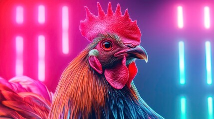 Wall Mural - rooster with colorful neon retrowave background. synthwave rooster. illustrations