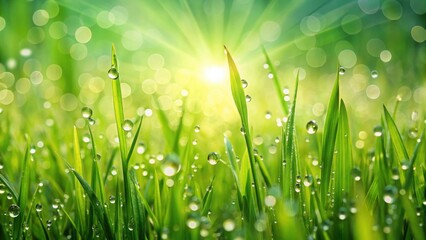 Sticker - Vibrant spring green grass background with dew drops, fresh, vibrant, spring, green grass, background, dew drops, nature