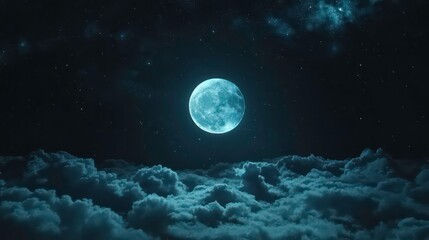 Wall Mural - shiny surreal blue moon glowing in the dark night sky with stars and clouds background for space, ga
