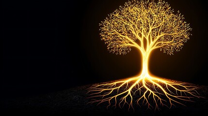 Wall Mural - glowing gold tree with vibrant roots on dark background creating a magical atmosphere, longevity ene