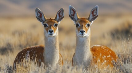 Wall Mural - two young steenboks stand side-by-side in a grassy field with a natural background