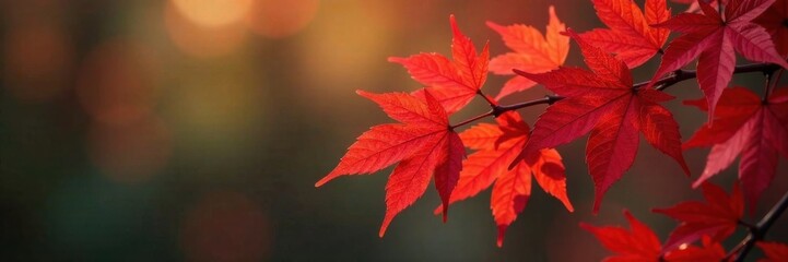 Wall Mural - Dense cluster of red maple leaves on a wooden branch , autumn, leaves