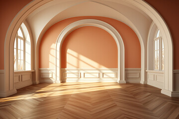 Empty room interior with arch entrance. Modern living room in beige tones, .  Generative AI