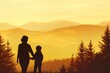 © InfiniteStudio - Mother and child enjoy a golden sunset in a serene mountain forest landscape
