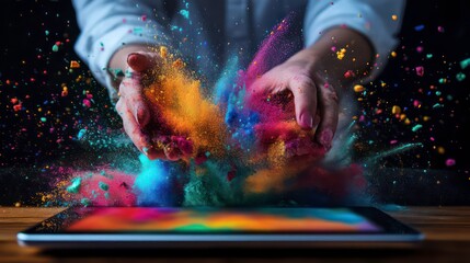Wall Mural - vibrant digital artwork showcasing artist hand blending colorful powders on tablet screen, creating 