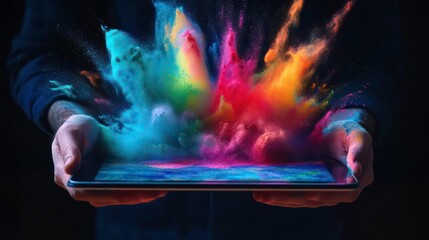 Wall Mural - vibrant digital artwork showcasing artist hand blending colorful powders on tablet screen, creating 