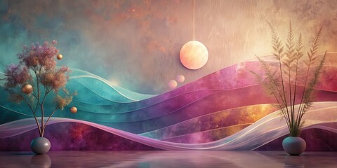 Wall Mural - Serene Abstract Landscape with Minimalist Plants and Celestial Elements Featuring Soft Hues and Reflective Surface