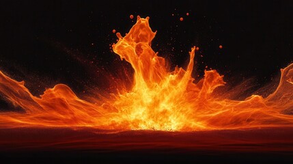 Wall Mural - a massive dynamic explosion with billowing orange and red flames radiating shockwaves and debris particles captured in ultrahighspeed photography against pure black background