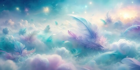 Wall Mural - Ethereal pastel feathers drift gently on a dreamy, cloud-filled sky, illuminated by a soft, radiant light, creating a serene and magical atmosphere.