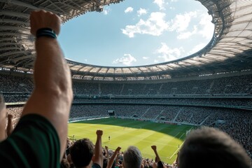 Fans celebrate enthusiastically, raising their hands in joy as their team competes on the field. Bright sunlight shines down on the vibrant stadium filled with passionate supporters