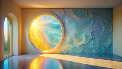 Wall Mural - Serene Interior with Abstract Wall Art and Circular Window Featuring a Sunlit Celestial Scene