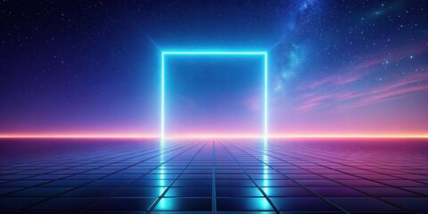 Wall Mural - ethereal nightscape a glowing rectangular portal beckons across a reflective gridded plain under a s