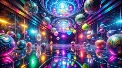Wall Mural - cosmic sphere gallery a vibrant, surreal dreamscape hallway with luminous orbs and celestial pattern