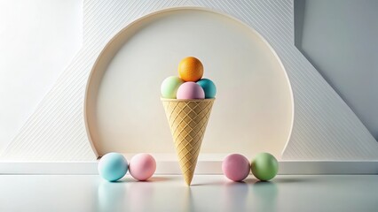 Wall Mural - Pastel-colored spheres arranged in a waffle cone against a minimalist white backdrop, creating a visually appealing and serene composition