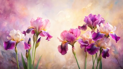 Wall Mural - Elegant Bouquet of Purple and White Irises on a Softly Painted Background