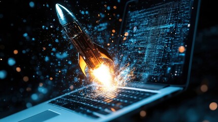 a dynamic abstract technology background depicts a rocket dramatically breaking through a laptop scr