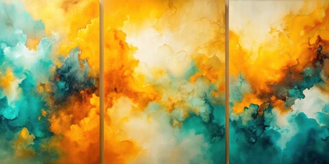 Wall Mural - Abstract Triptych of Vivid Hues A Captivating Blend of Teal, Gold, and Amber Tones
