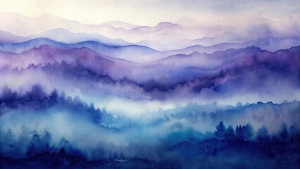 Wall Mural - Serene Watercolor Landscape of Misty Mountains and Rolling Hills in Shades of Purple and Blue