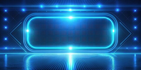 Wall Mural - futuristic blue neon frame background with glowing lines and reflective floor for modern technology 