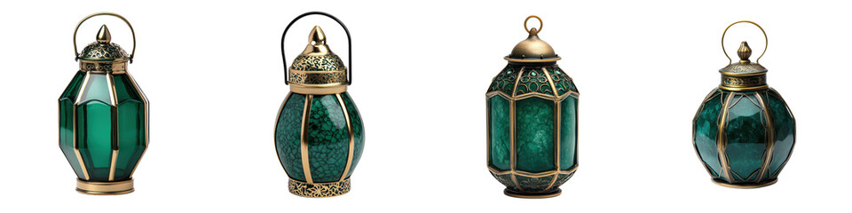 Sticker - Beautiful Ornate Vintage Green Glass and Brass Lanterns Glowing with Warm Candle like Illumination Creating a Cozy and Festive Atmosphere  Elegant Traditional Lighting for or Home Decor