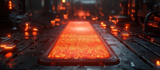 Glowing panel in futuristic factory;  industrial background; tech concept