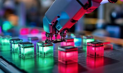 Fototapete - Robotic arm assembling glowing cubes in factory