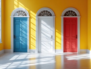 Aufkleber - Open White Door in Bright Yellow Room with Colorful Doors