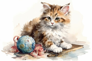 Wall Mural - kitten and a ball of wool on a white background., watercolor style, Generative AI