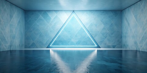 Wall Mural - Serene Blue Room with Glowing Triangular Light Fixture and Reflective Floor