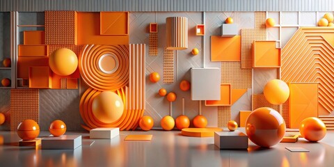 Wall Mural - abstract orange and gray geometric shapes composition featuring spheres, cylinders, and cubes on a r