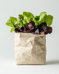 Fresh mixed greens in a brown paper bag.