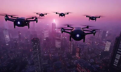Aufkleber - Drones Flying Cityscape Sunset Aerial Surveillance